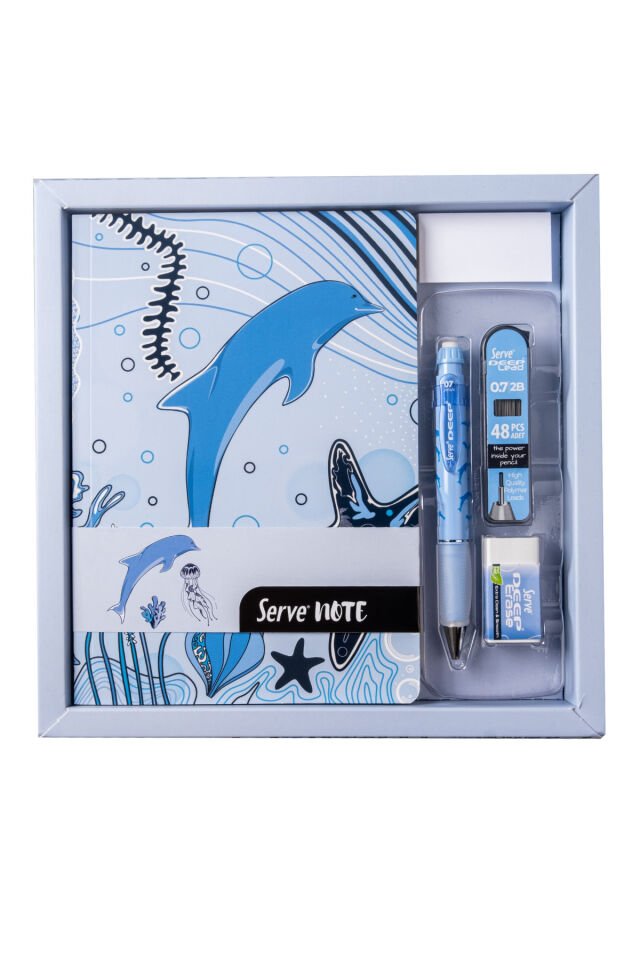 Deep Hediye Seti - Defter, Serve Deep Uclu Kalem, Silgi, Min Gök Mavi
